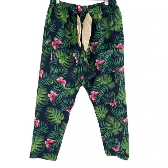 Free People Sandrine Rose Bush Pants Navy Blue Palm Trees Tie Waist Cropped Sz M - Picture 2 of 15